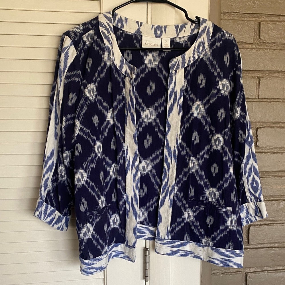 Chico's Navy and White Ikat Open-Front Tunic